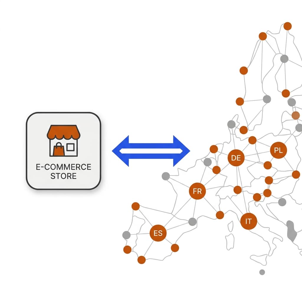 Partner Onboarding Quick Start Guide cover featuring minimal store sync connection to European Union country network
